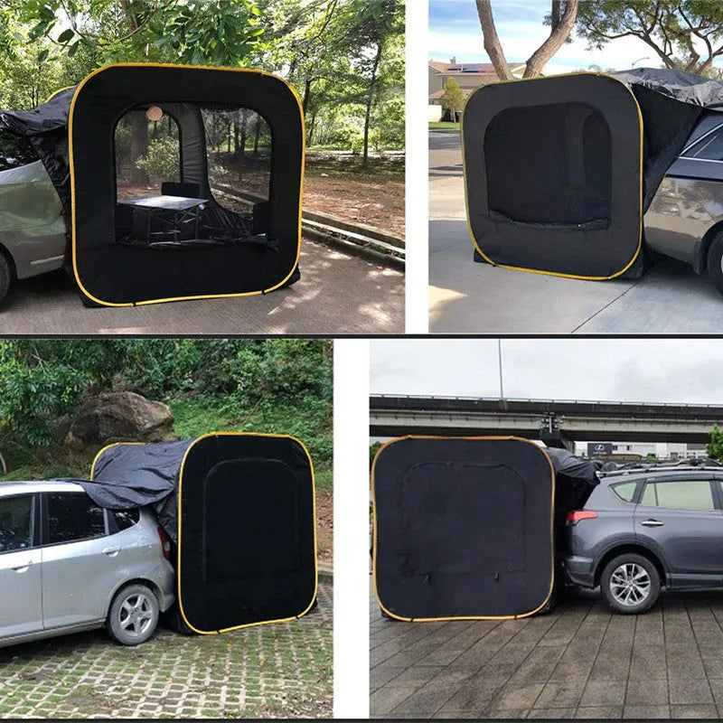 Black pop-up outdoor camping car tail tent with quick-throw design unfolded to 200x200x200cm size