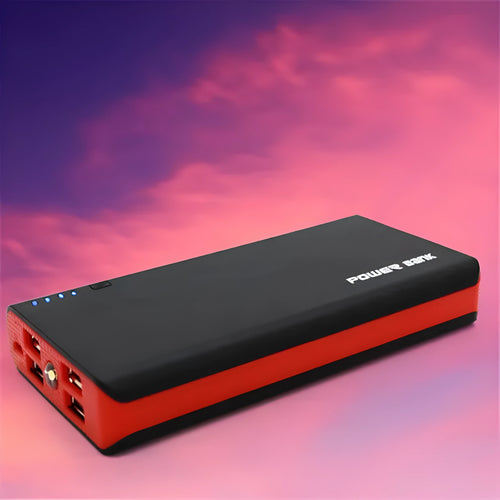 20000mAh portable power bank in blue colour showing front with USB port, dimensions 145mm by 68mm.