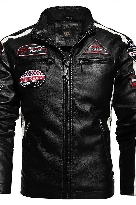 Men's PU leather embroidered slim-fit jacket with stand-up collar and zipper front in black