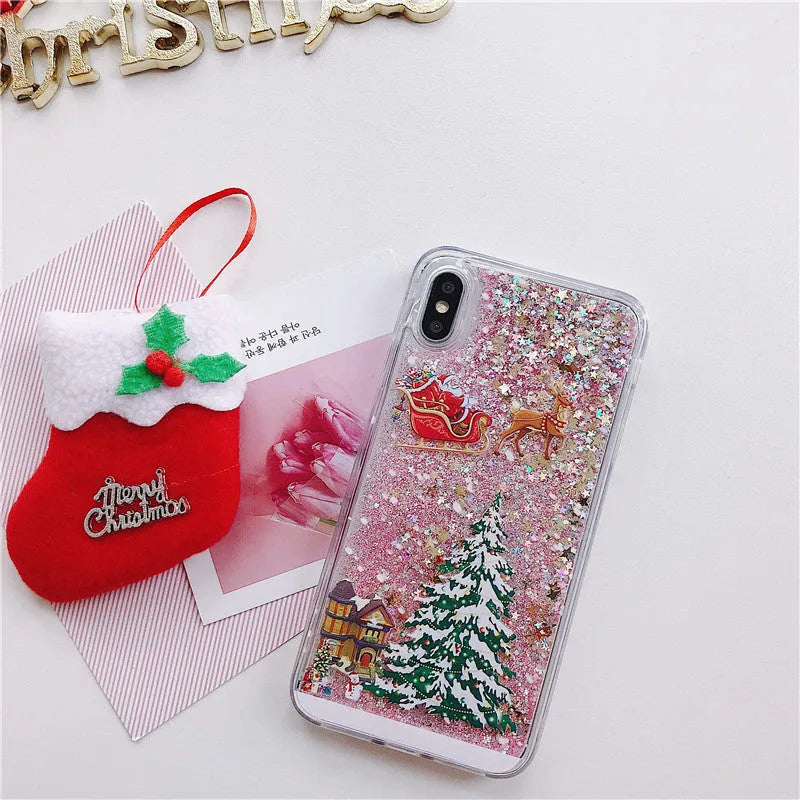 Transparent quicksand iPhone case with Santa Claus Christmas tree design in pink colour