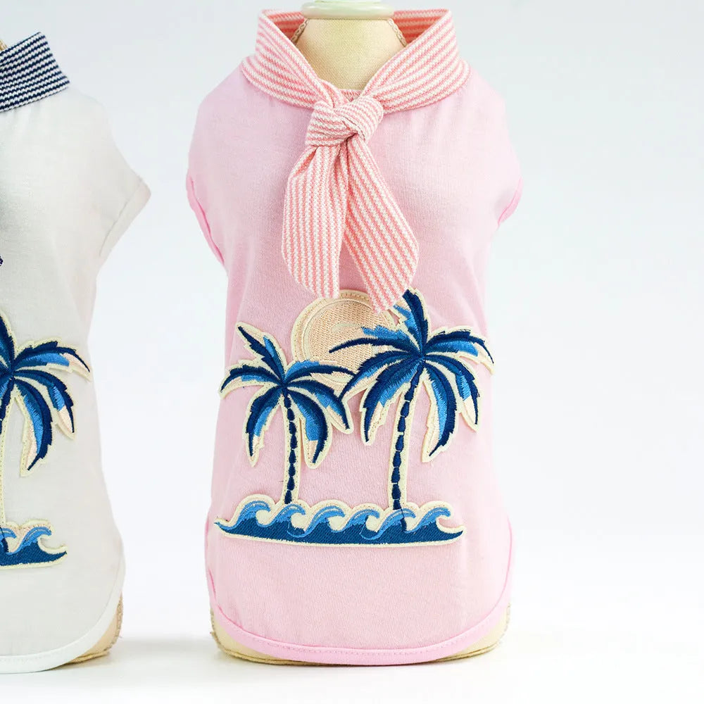 Cotton pet clothing with coconut tree embroidery in pink, casual dog coat for small to large breeds