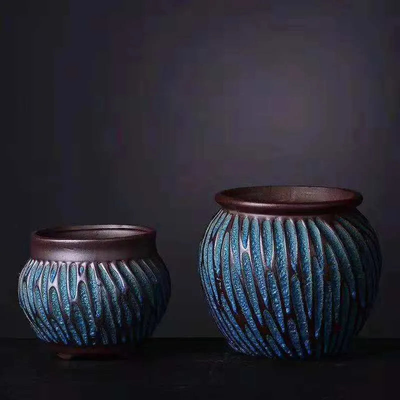 Vintage striped ceramic flower pot in brown with 7.8cm inner diameter for succulents