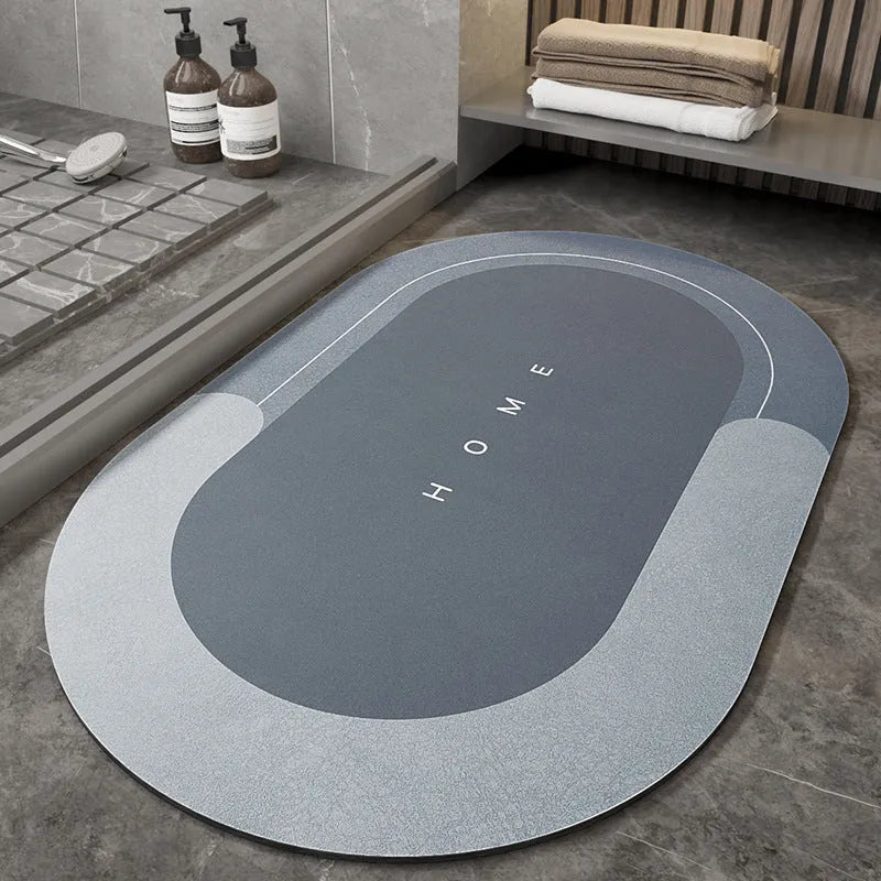 Blended material bathroom floor mat in oval and rectangle shapes on a tiled floor.