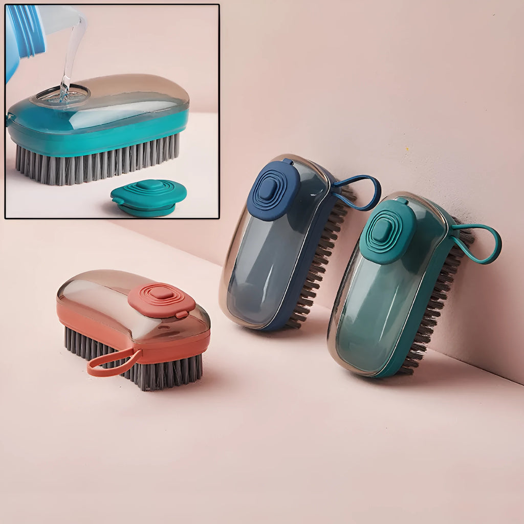 Multifunctional automatic liquid cleaning brush in blue with ergonomic grip on shoe