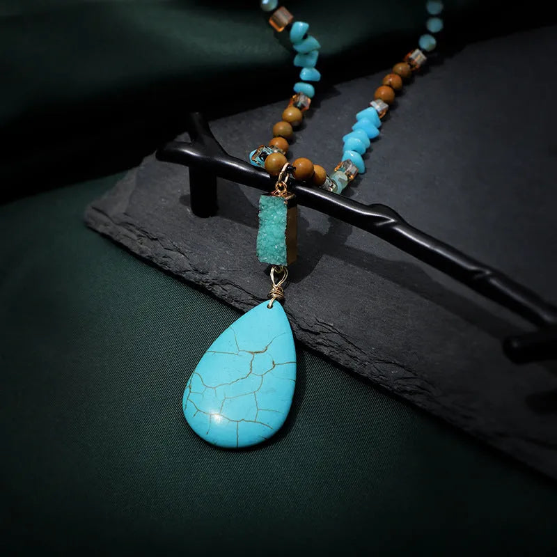 Turquoise blue water drop pendant necklace with mixed gem inlay on ball bead chain
