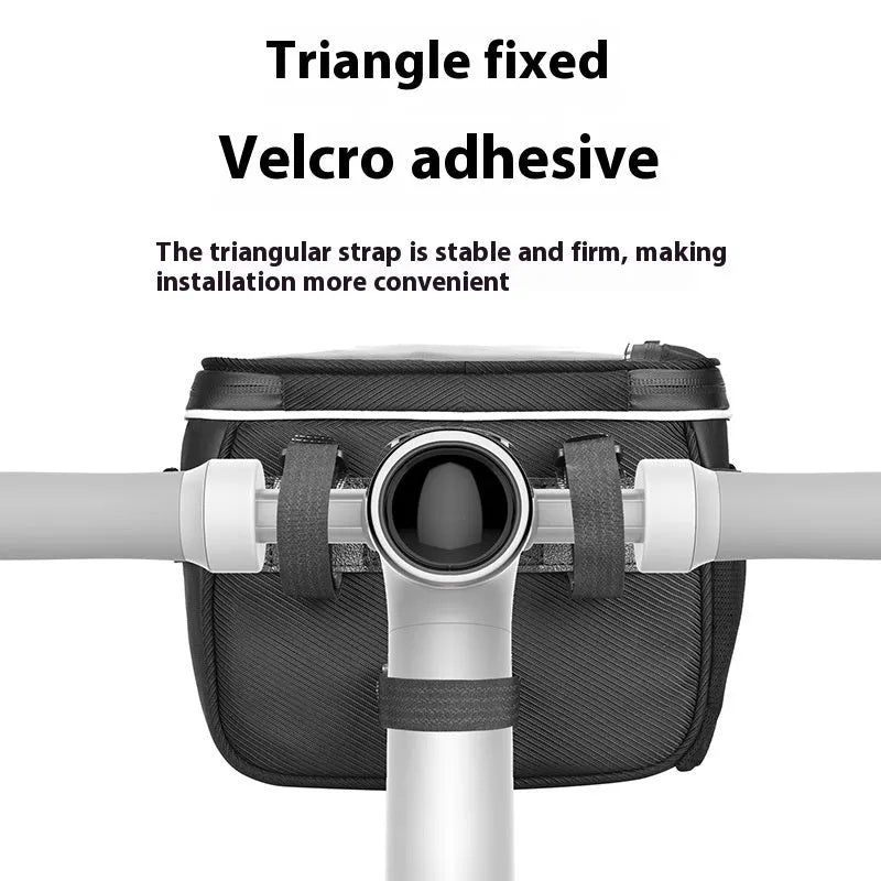 Black waterproof bicycle handlebar bag mounted on bike with folding design showing 7-inch height measurement