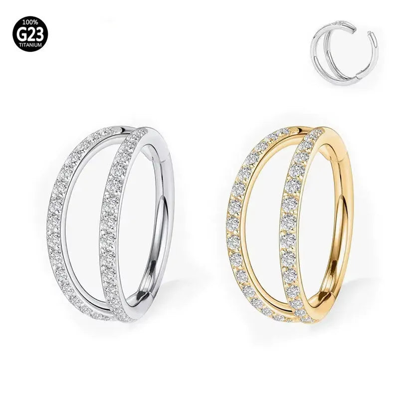 G23 titanium alloy lip ring and nose ring set in steel or gold colour with diamond finish