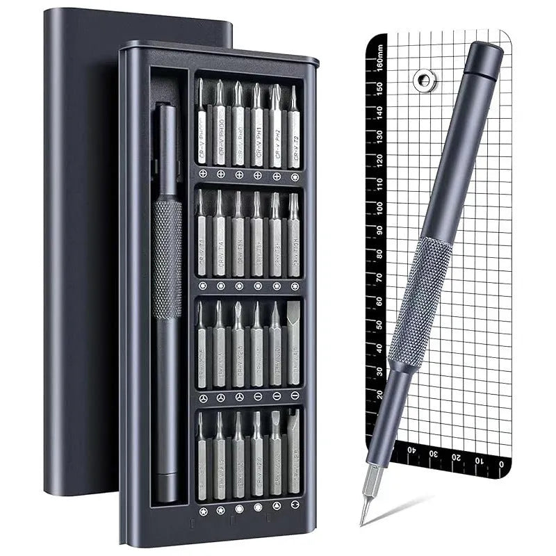 25-in-one magnetic precision screwdriver set with chrome vanadium steel bits and black ABS handle.