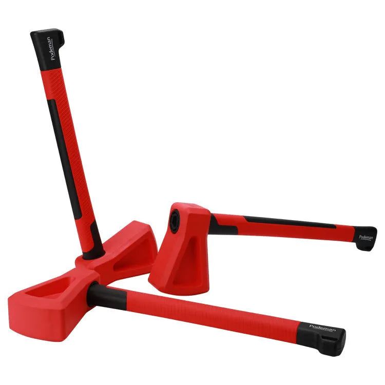 Red plastic axe-shaped muscle trainer fitness equipment on a plain background.