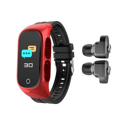 Smart bracelet and detachable Bluetooth headset combo set shown in black colour with wrist strap.