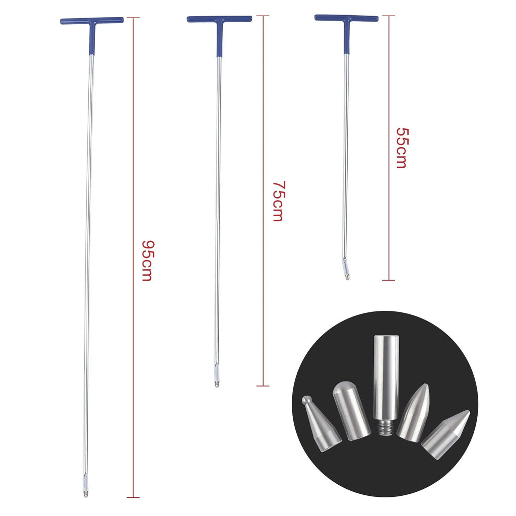 Three alloy steel hook crowbars for DIY car dent repair on a workbench.