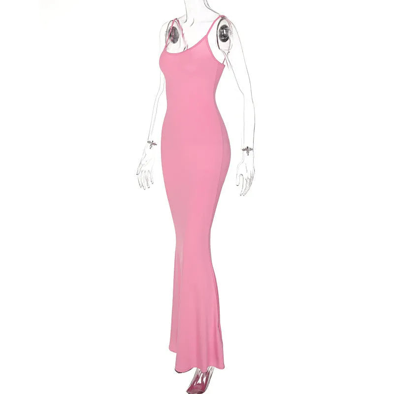 Spaghetti strap long bodycon dress women solid colour high waist A-line skirt party club street wear black
