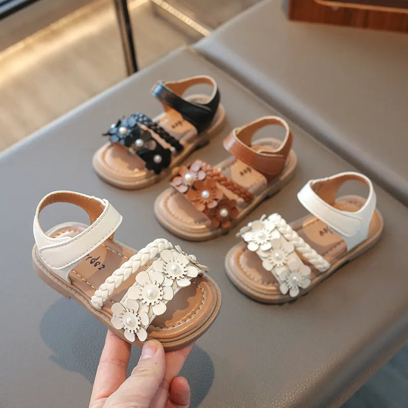 Girls soft bottom sandals with Velcro fastening and artificial leather upper in solid colours