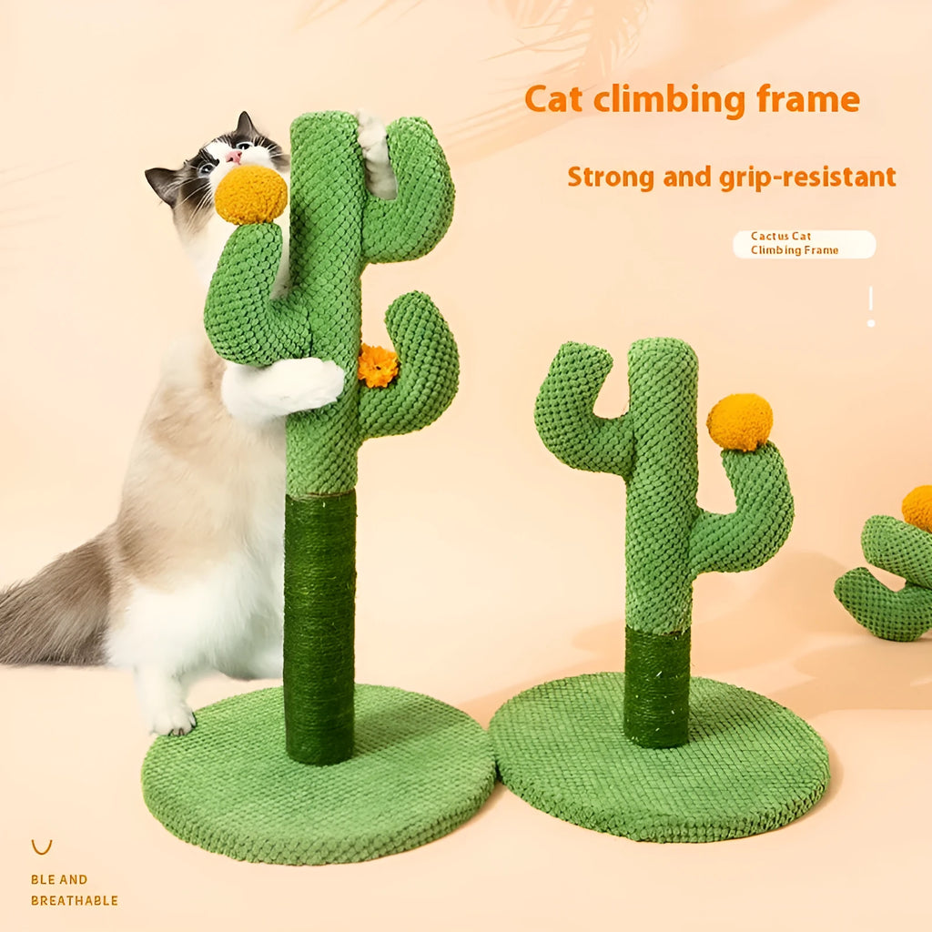 Cactus-shaped cat scratch board with vertical sisal climbing pole in green cotton thread construction