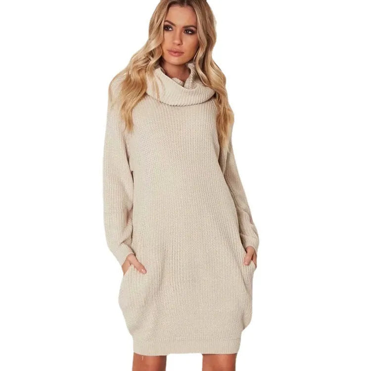 Women's apricot lapel collar acrylic sweater with pockets loose slim fit