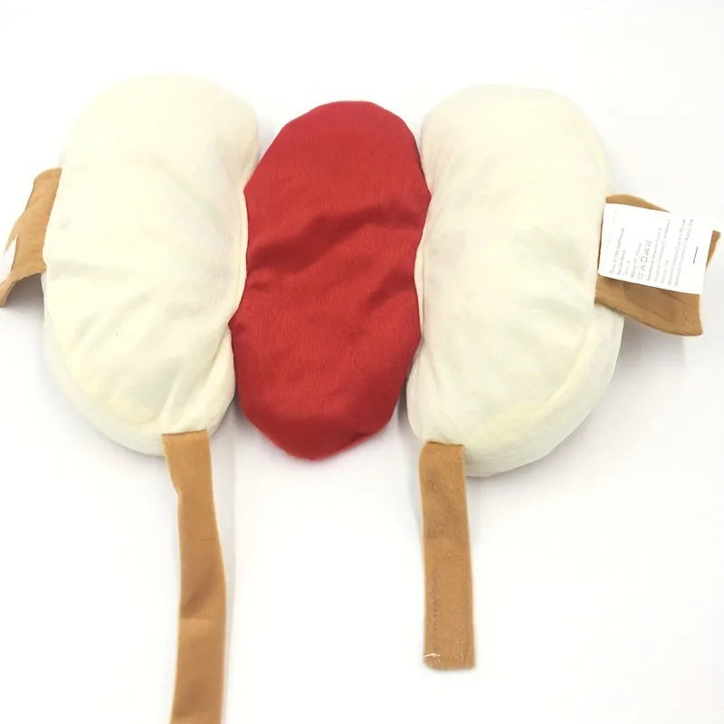 Red hot dog costume outfit on small dog with velcro belly fastening