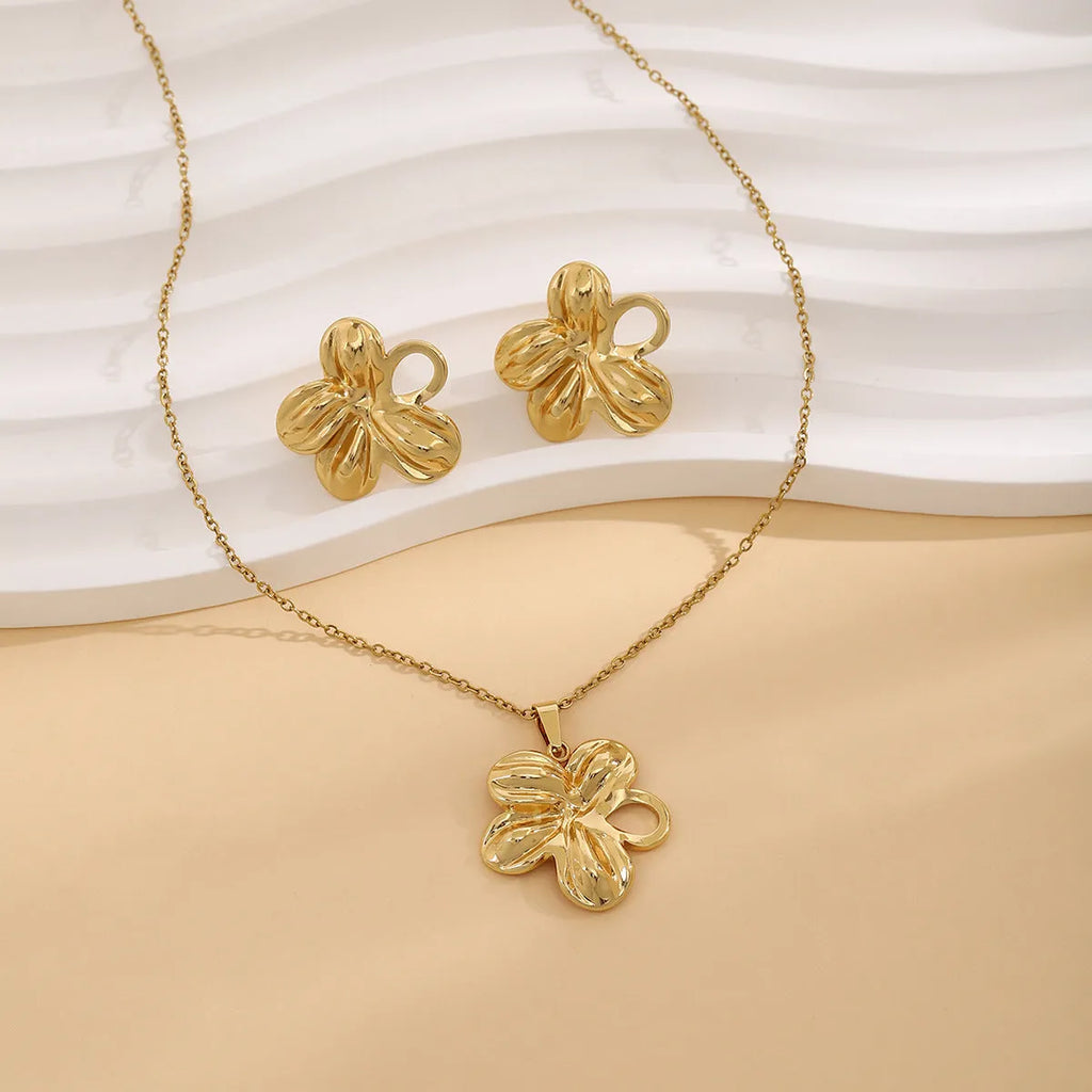 Geometric leaves texture flower love heart earrings and necklace set with stainless steel pendant on regular chain