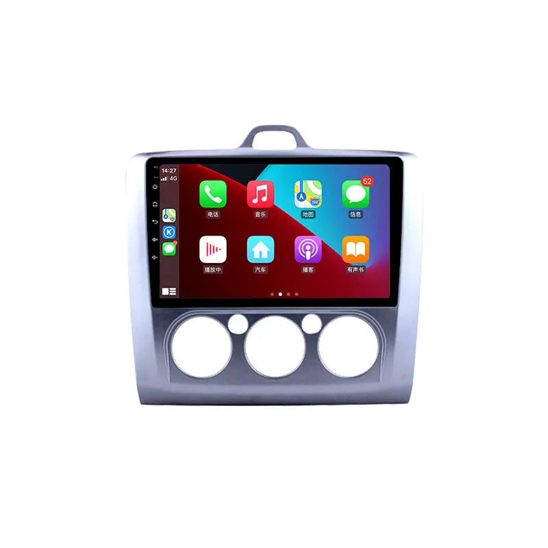 Android smart car head unit with 9-inch touchscreen for Ford Fox, showing interface with climate controls and navigation.