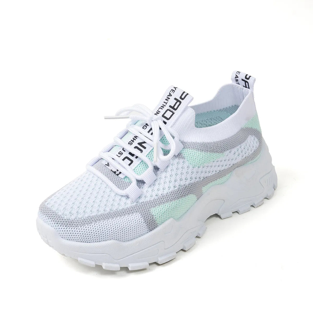Women's Flyknit mesh lace-up sneakers in grey and white colour combination on a flat rubber sole.