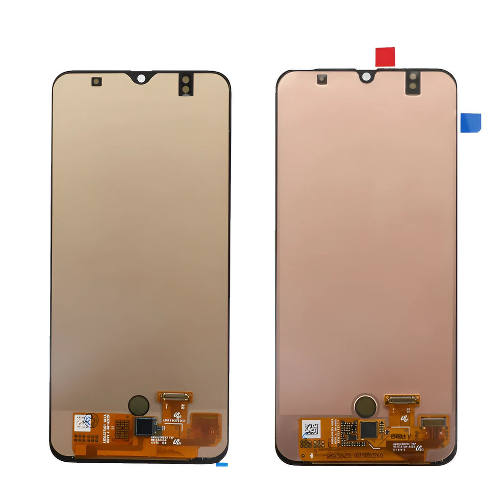 Samsung Galaxy A50 and A50S black smartphone screen replacement assembly showing LCD, frame and digitiser.