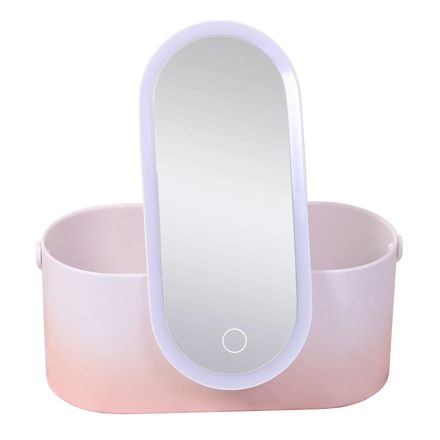 Pink gradient LED makeup mirror storage box with open compartments showing mirror and storage space