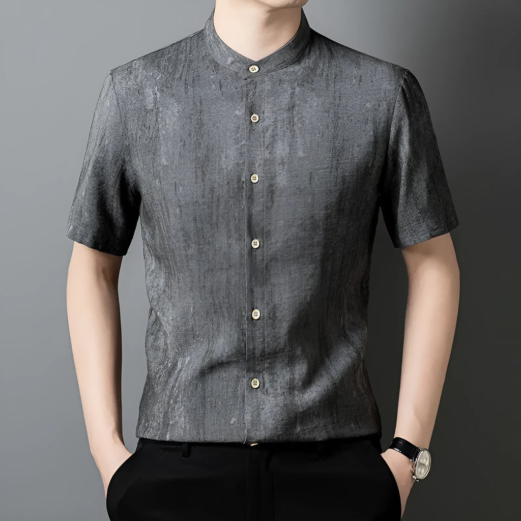 Men's loose fit linen blend stand collar cardigan in black grey