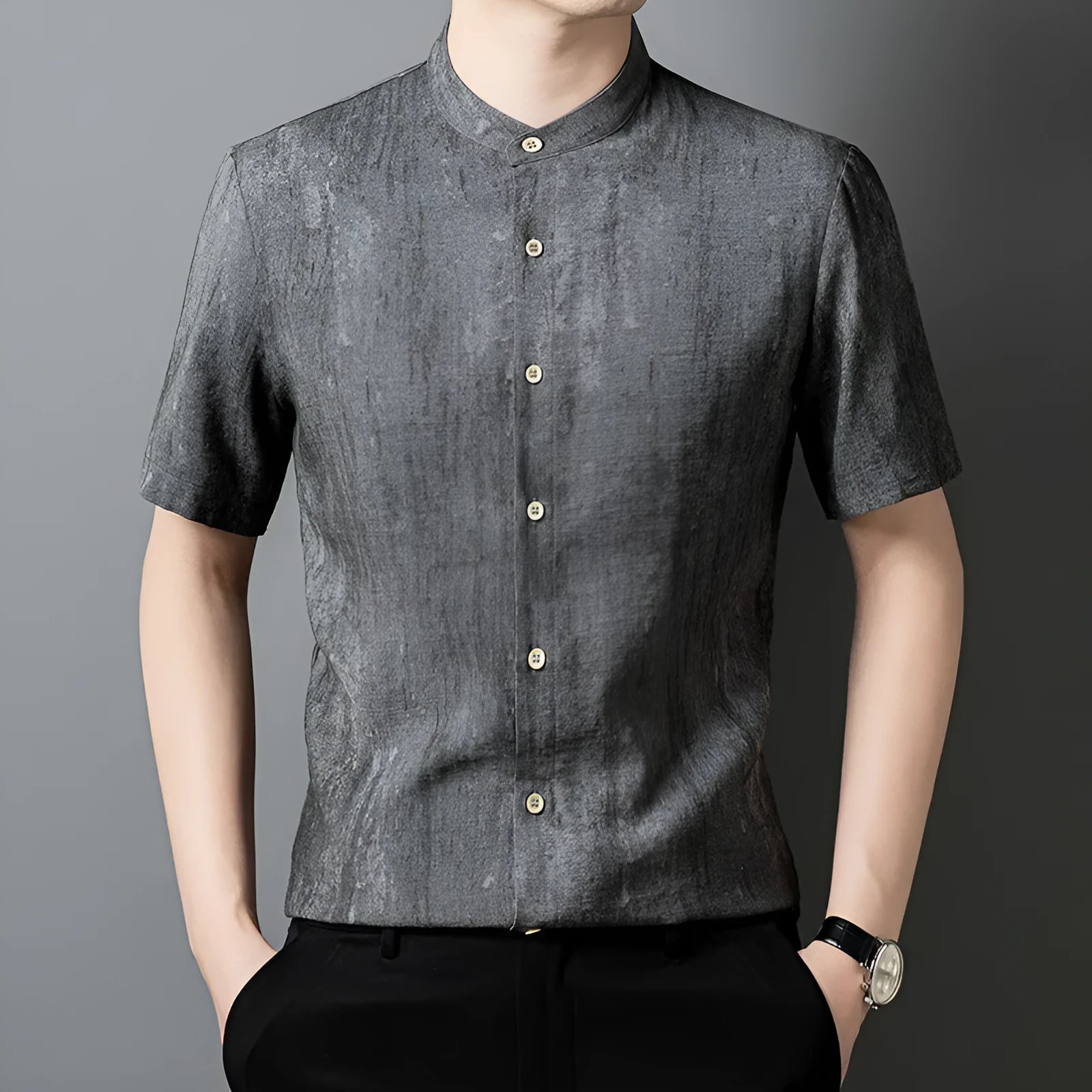 Men's loose fit linen blend stand collar cardigan in black grey