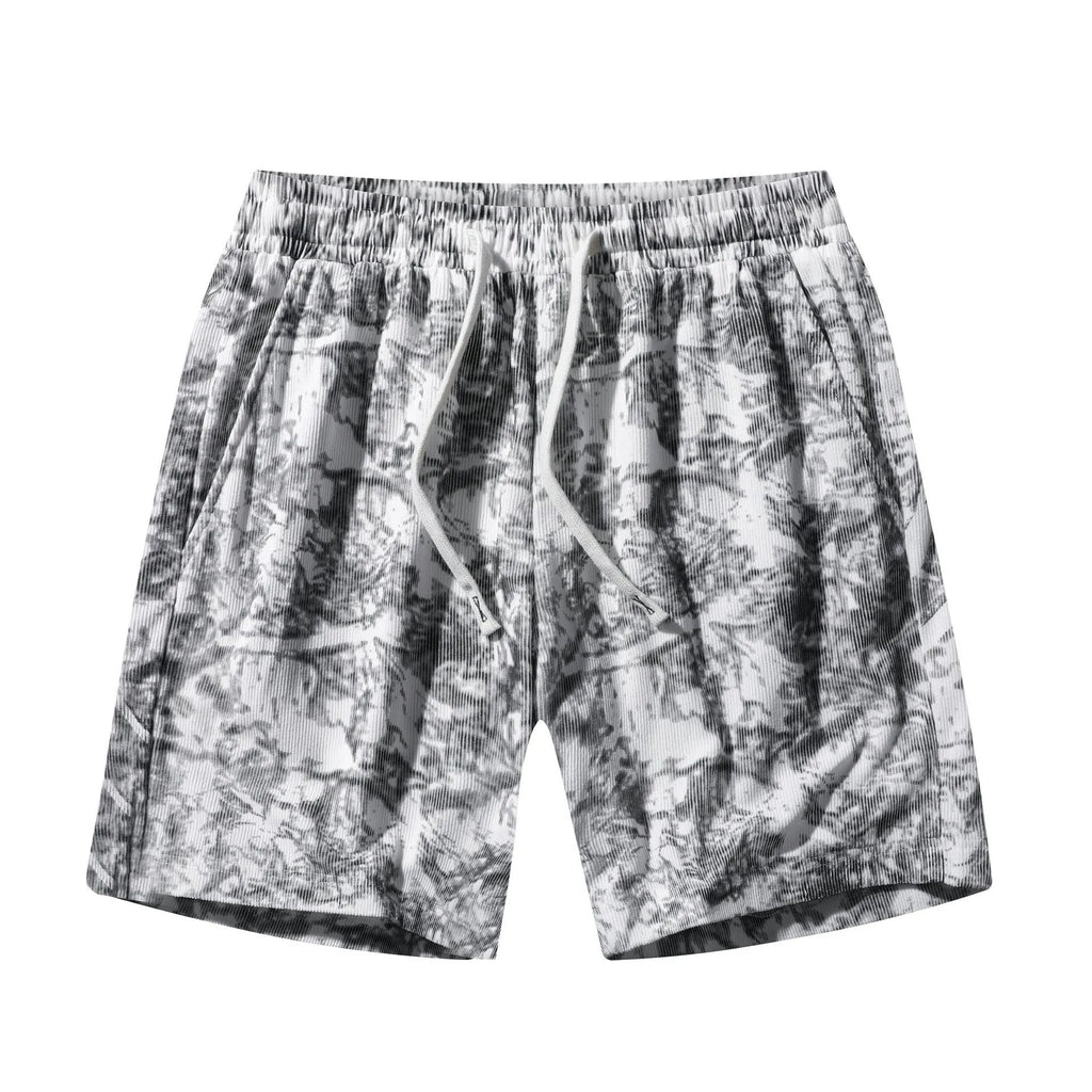 Men's corduroy camouflage athletic shorts with straight-leg cut and elastic waistband in black colour