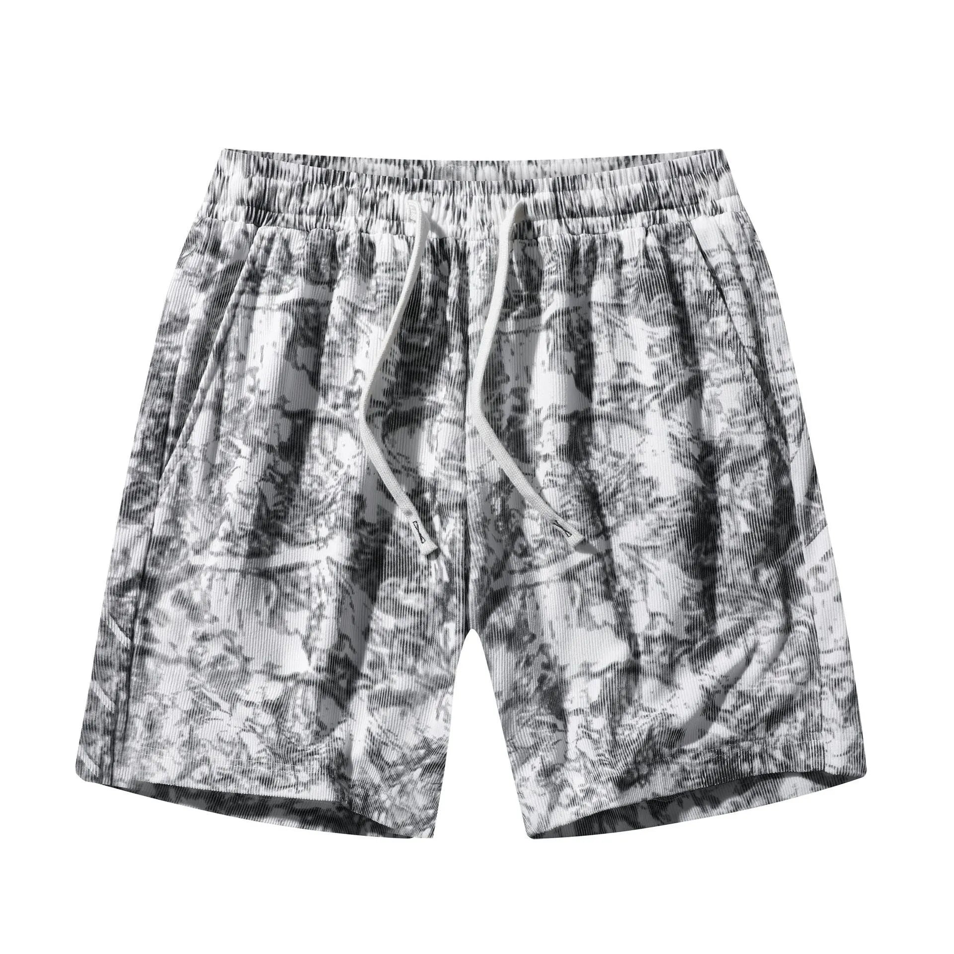 Men's corduroy camouflage athletic shorts with straight-leg cut and elastic waistband in black colour