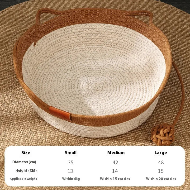 Woven cotton cat nest pet bed in brown, shown with a matching cushion inside.