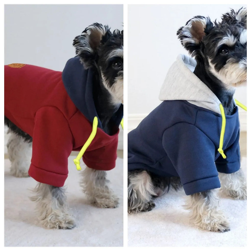 Dark red polyester dog hoodie pullover with contrast trim and a hood, laid flat.