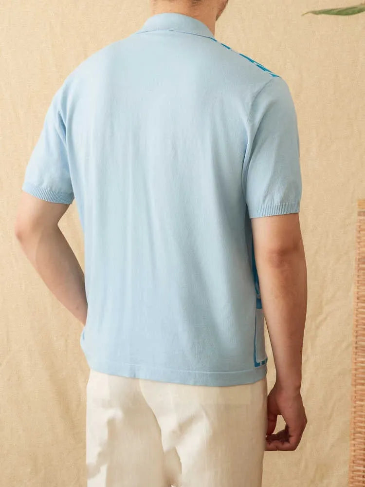 Man's short-sleeved striped polo cardigan with a lapel collar in a light blue colour.