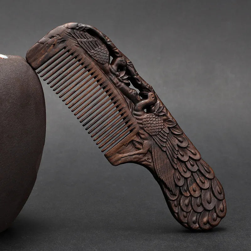 Wooden double-sided carved comb with handle, 180mm, ebony finish, classical Chinese design