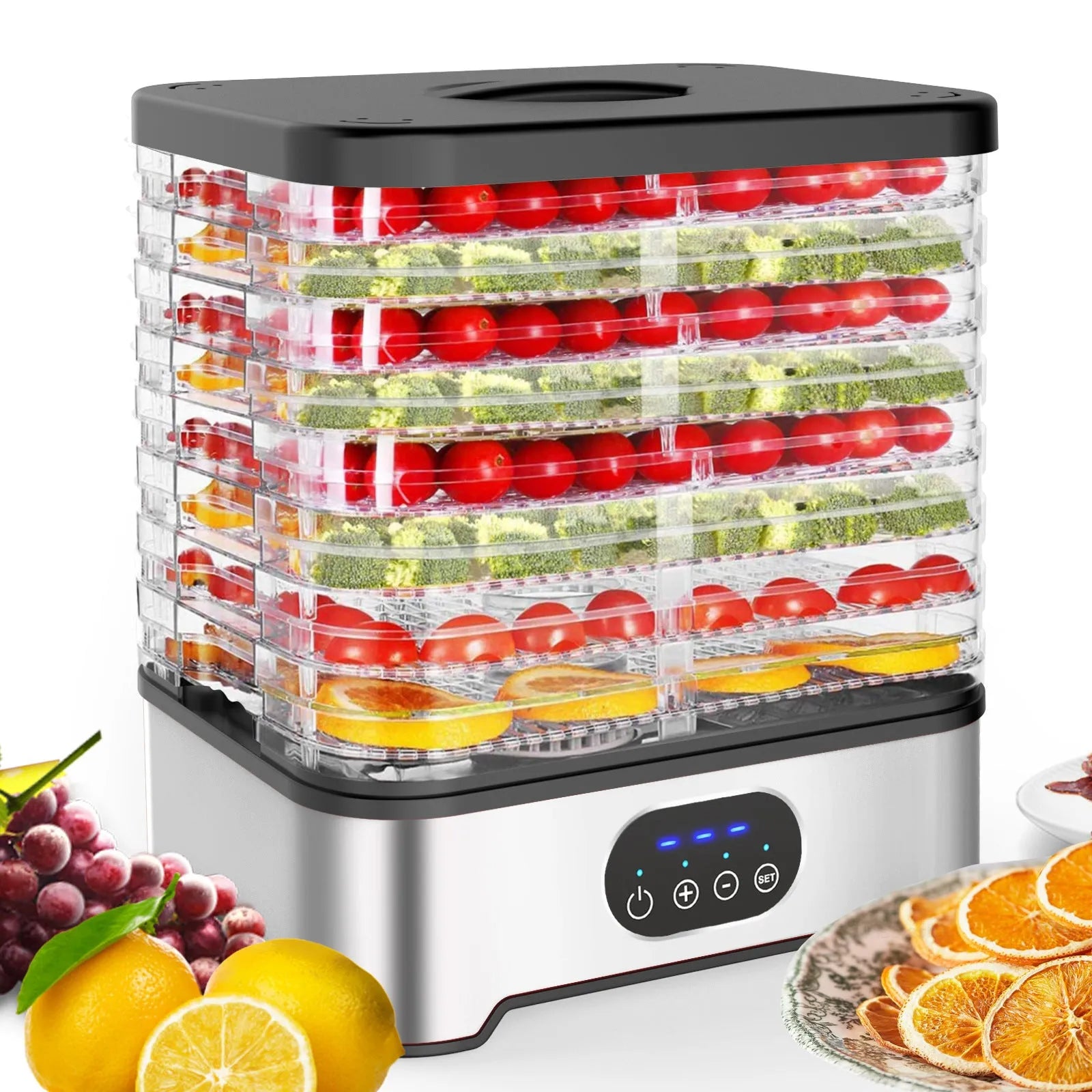 Silver household food dehydrator with 8-layer tray system showing expanded height configuration