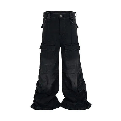 Detachable worn-looking cotton overalls with multi-pockets, in black or blue, for teenagers