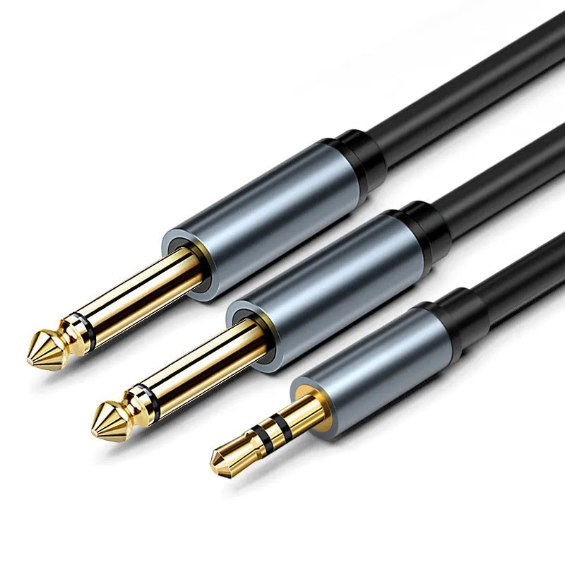 3.5mm to 6.5mm male-to-male audio cable with gold-plated connectors and black PVC sheathing