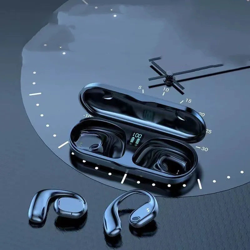Wireless sports headphones with digital display charging case in black, hanging ear style