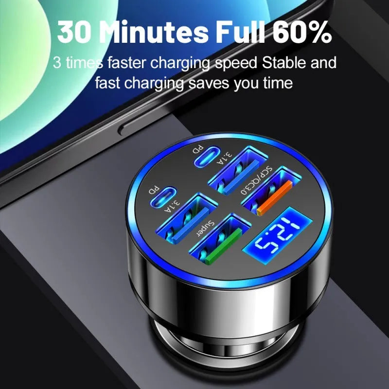 Black 6-port circular car charger with digital display, 4 USB and 2 PD outputs, 27W fast charging
