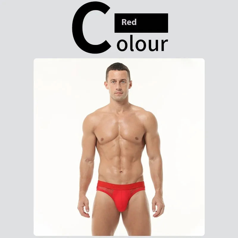 Men's solid colour mesh briefs with low elastic waistband in black, white, pink, red, and blue.
