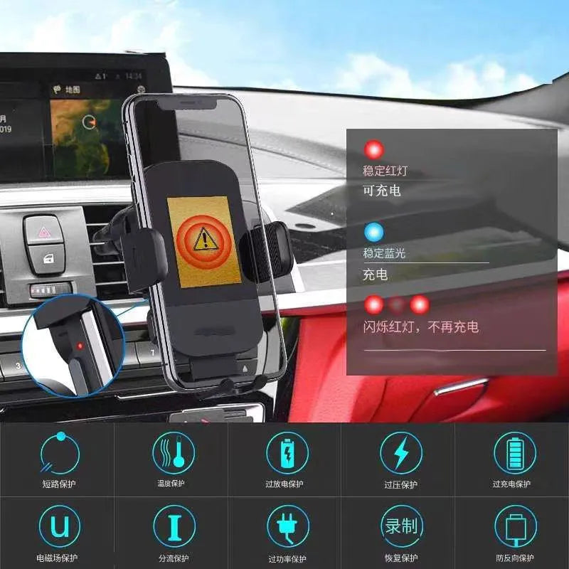 Black 15W wireless charging stand for cars with dashboard, air vent, and bare metal mounting options