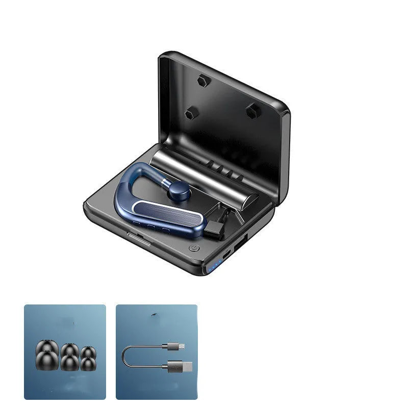 Black Bluetooth earphones with hanging ear design and a selection of silicone ear tips.
