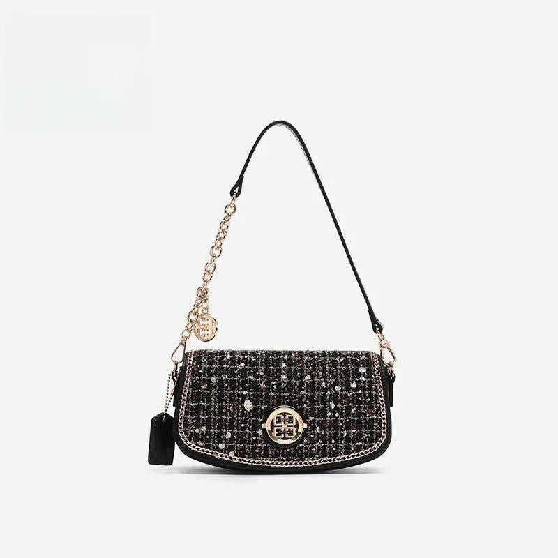 Black polyester crossbody shoulder bag with chain strap for commuter leisure travel