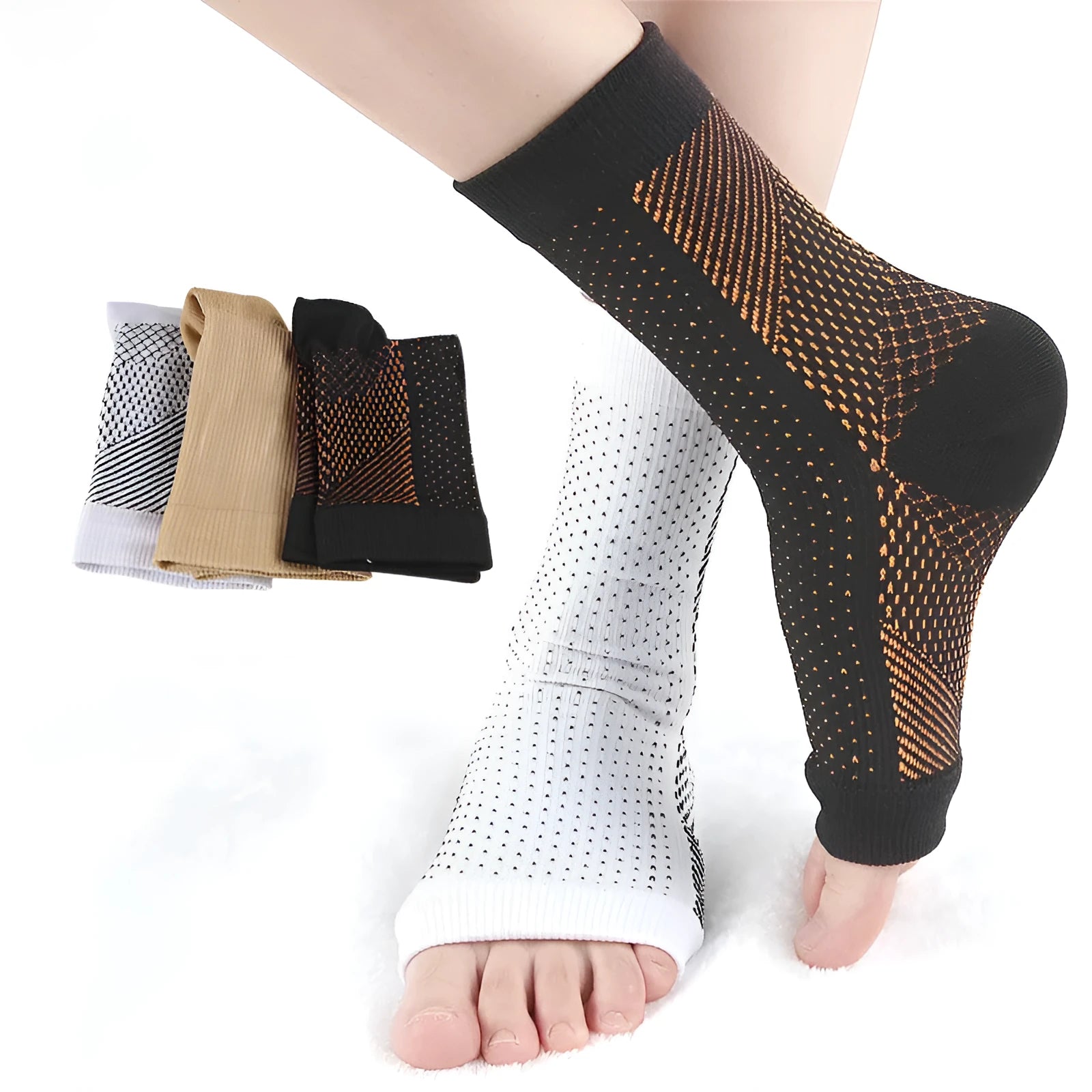 Korean-style compression sports socks in white, black, skin colour, and copper options