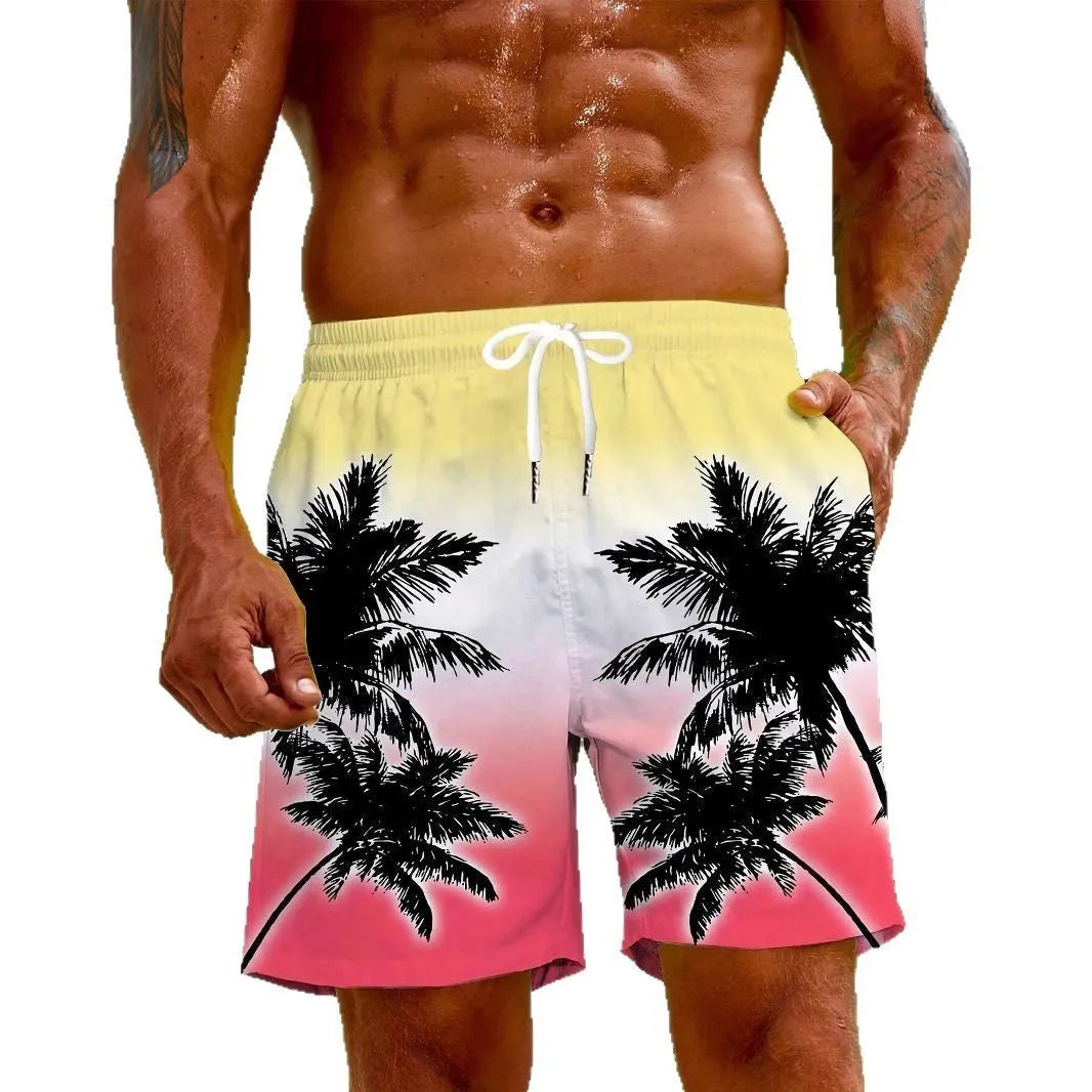 Men's solid colour quick-dry swimming trunks made from elastic polyester fabric.