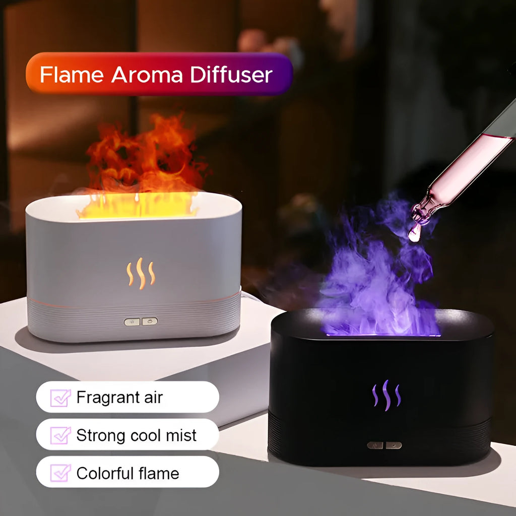 USB ultrasonic flame humidifier with RGB colour changing night light, 180ml tank, black and white options