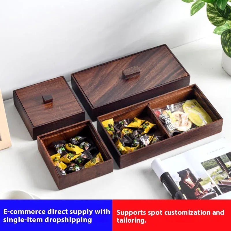 Solid wood snack tray in burlywood with multiple grid compartments for candy and trial portions