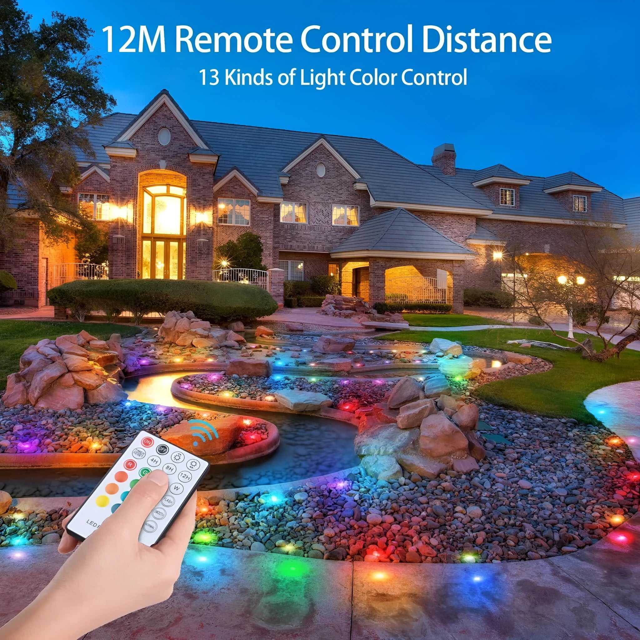 White RGB outdoor LED deck light 10-pack with solar panel and remote control, IP67 waterproof