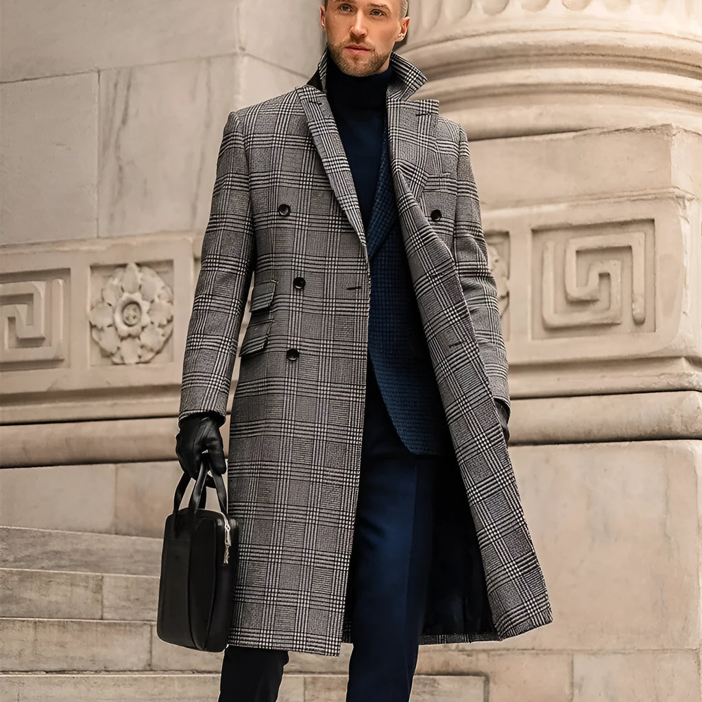 Grey checked 100% wool double breasted overcoat with suit collar and horn clasp, front view on mannequin