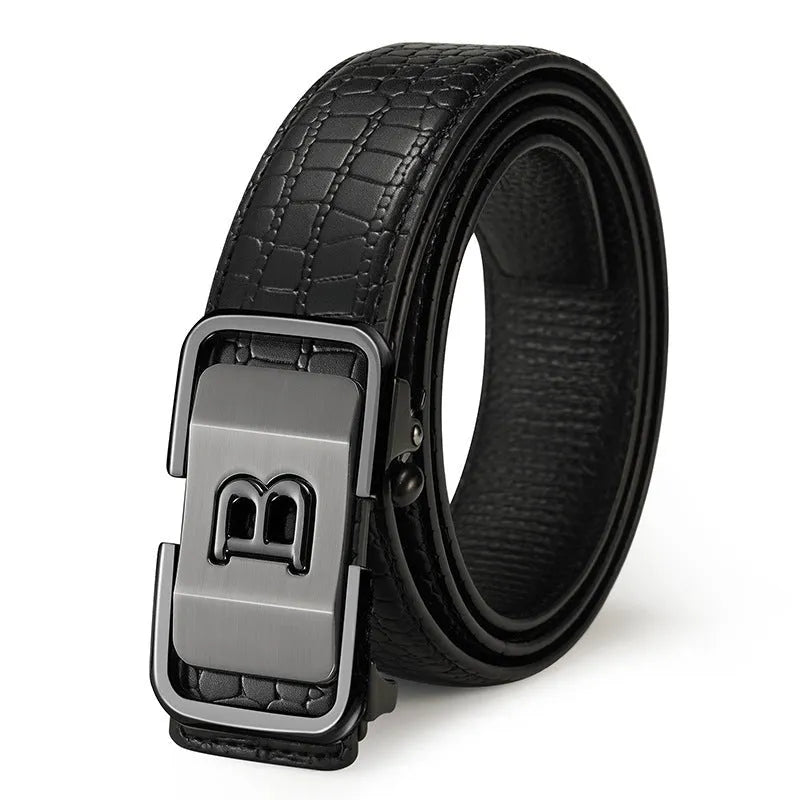 Automatic buckle genuine leather belt 3.3cm width in black with zinc alloy buckle head