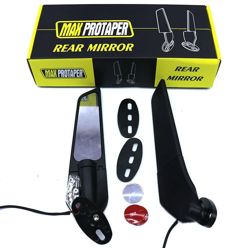 Pair of aluminium motorcycle rearview mirrors with convex lenses and integrated yellow running lights.